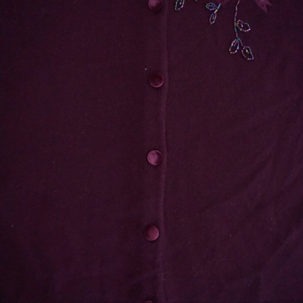 Vintage Alfred Dunner Plum Beaded Floral Bow Embroidered Wool Knit Cardigan M - Picture 7 of 10